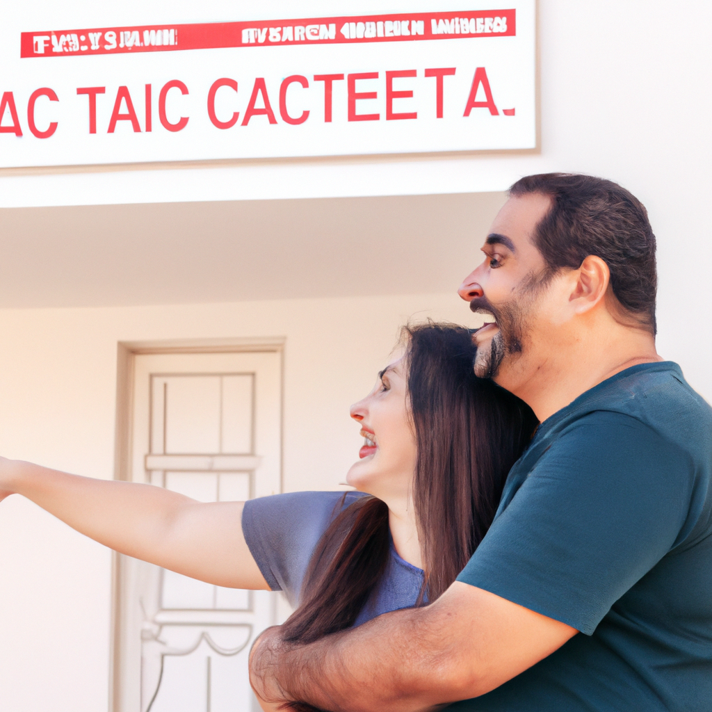 Casal feliz apontando para sua nova residência