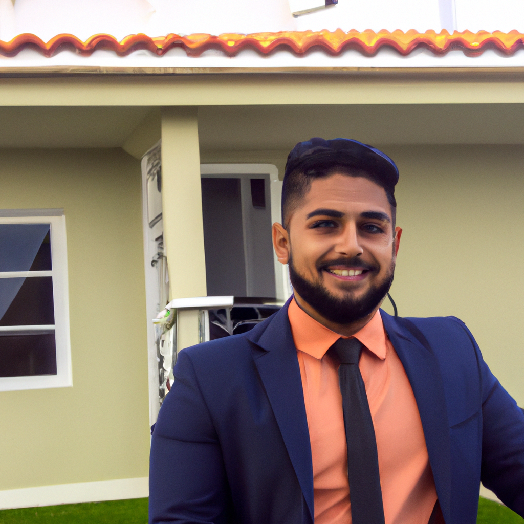 Cliente executivo sorrindo em frente a casa nova